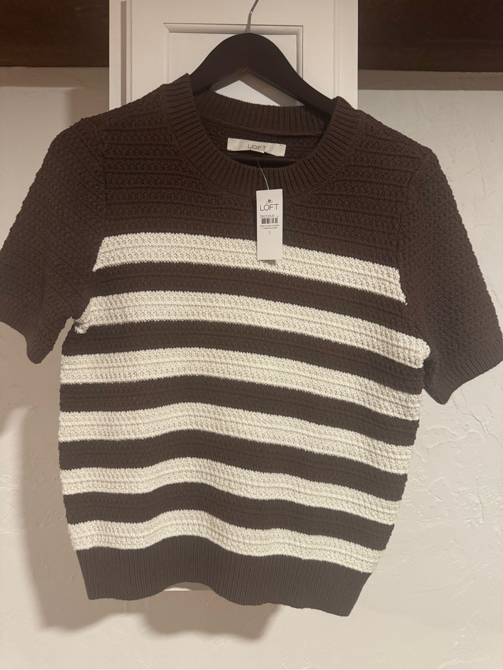 LOFT Striped Short-Sleeve Knit Sweater - Brown & White NWT